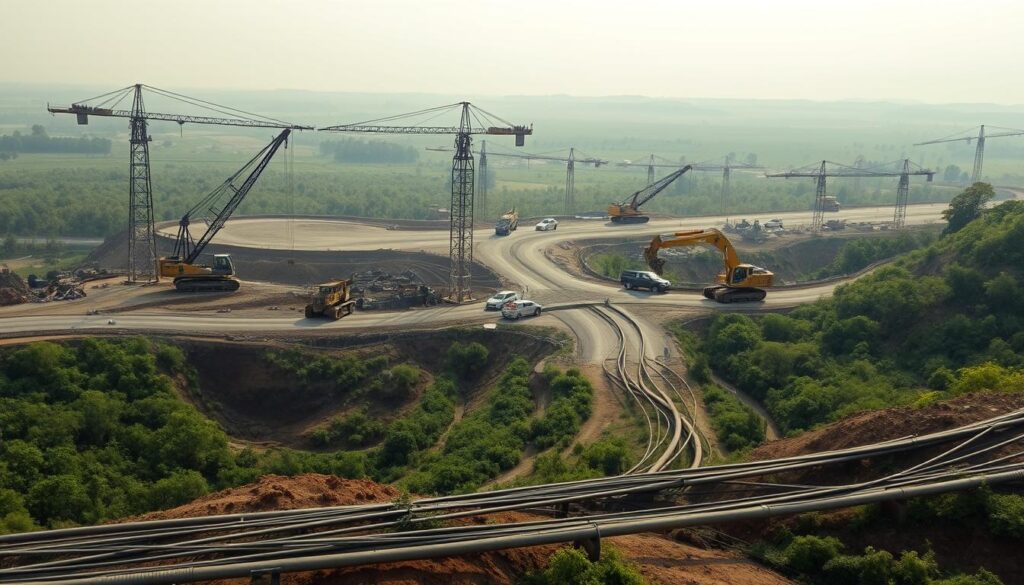 A sprawling construction site, where heavy machinery excavates and levels the earth, carving a path through lush, verdant landscapes. Towering cranes and bulldozers cast long shadows, their movements punctuated by the roar of engines and the crunching of gravel. In the foreground, a network of exposed pipes and cables snakes across the ground, disrupting the natural flow of the terrain. The background is a hazy, muted palette of greens and browns, hinting at the encroachment of human activity upon the delicate balance of the ecosystem. Soft, diffused lighting casts a contemplative, almost melancholic mood, inviting the viewer to ponder the environmental impact of this necessary, yet intrusive, process of road construction.