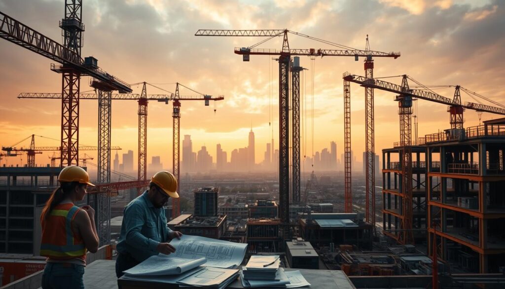 A sprawling construction site with a focus on integrated engineering processes. In the foreground, a team of engineers and architects collaborate over detailed blueprints, leveraging cutting-edge software and 3D modeling techniques. The middle ground features a towering steel frame, with cranes and heavy machinery working in harmony to lift and assemble the structure. In the background, a modern city skyline emerges, hinting at the integration of this project within the larger urban landscape. Warm, diffused lighting casts an air of productivity and progress, while a sense of technical precision and coordination permeates the scene. The overall atmosphere conveys the benefits of integrated engineering expertise in driving efficient, high-quality construction outcomes.