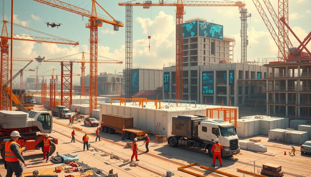 A sprawling construction site with advanced robotic cranes, self-driving trucks, and 3D-printed modular components. In the foreground, workers in futuristic safety gear operate high-tech power tools, while autonomous drones monitor progress overhead. The mid-ground features large-scale prefabricated sections being assembled with precision. In the background, a towering digital control center coordinates the entire operation, its holographic displays showcasing real-time data analytics. The scene is bathed in warm, directional lighting, creating a dynamic, almost cinematic atmosphere of technological innovation and efficient, sustainable construction.
