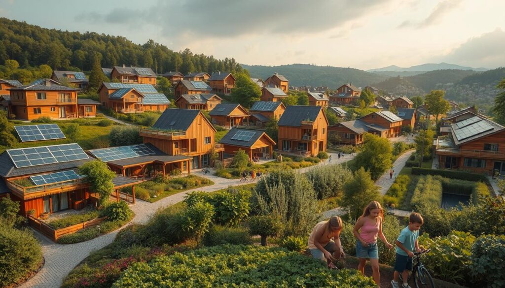 A sprawling eco-village nestled amidst lush greenery, its buildings constructed with sustainable materials like timber, bamboo, and recycled plastics. Solar panels dot the rooftops, feeding clean energy into a smart grid. Geothermal wells and water harvesting systems integrate seamlessly into the landscape. Pedestrian pathways and bike lanes weave through the community, encouraging active transportation. In the foreground, a family tends to an urban garden, their faces lit by the warm glow of the afternoon sun. The scene exudes a sense of harmony and balance, showcasing a future where technology and nature coexist in perfect synergy.