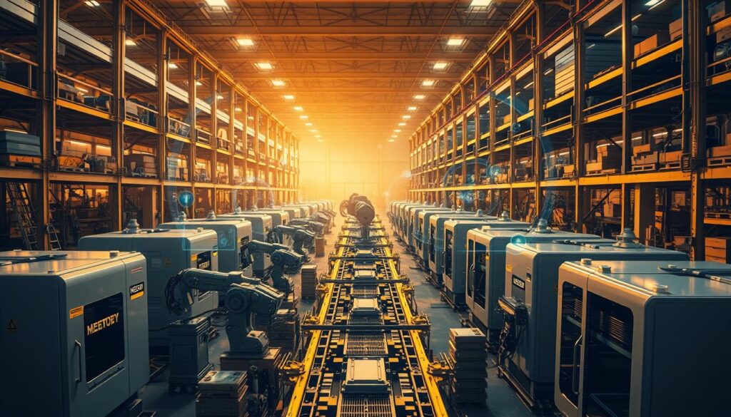 A sprawling factory floor bathed in warm, golden lighting. At the center, an intricate assembly line, with robotic arms seamlessly handling precision components. Gleaming CNC machines line the perimeter, their polished metal surfaces reflecting the bustling activity. In the background, towering racks hold an array of high-tech tools and materials, signifying the depth of advanced manufacturing capabilities. Holograms and digital interfaces overlay the scene, illustrating the integration of cutting-edge technologies. The overall atmosphere conveys a sense of efficiency, innovation, and the synergy between human expertise and automated systems.