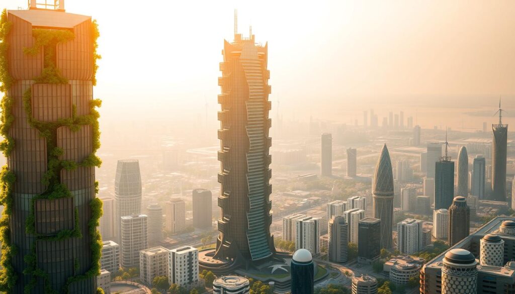 A sprawling futuristic cityscape bathed in warm, golden light. In the foreground, a towering green skyscraper stands as a beacon of sustainable architecture, its facade covered in solar panels and lush greenery cascading down its sides. The middle ground features an array of cutting-edge building technologies, from wind turbines to advanced water reclamation systems, all seamlessly integrated into the urban landscape. In the background, a hazy horizon is punctuated by the silhouettes of more energy-efficient structures, showcasing the widespread adoption of eco-friendly construction methods. The overall scene conveys a sense of progress, innovation, and a harmonious blend of technology and nature.