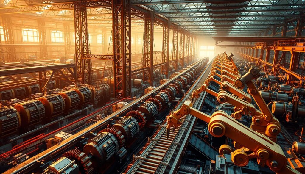 A sprawling industrial complex, dominated by towering steel structures and intricate machinery. Gears, pistons, and conveyor belts work in synchronous motion, driven by the hum of electric motors. Robotic arms gracefully assemble components, their movements choreographed with precision. Warm, directional lighting casts dramatic shadows, highlighting the intricate details of the production process. The scene exudes a sense of efficiency, power, and technological prowess, capturing the essence of modern industrial automation.