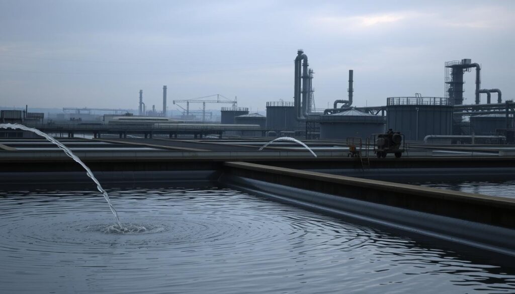 A sprawling industrial facility, its towering tanks and pipes silhouetted against a moody, overcast sky. In the foreground, a clarification basin where wastewater is treated, its surface rippling with the gentle movement of the flow. Delicate streams of water cascade from one stage to the next, their arcs catching the muted light. In the middle ground, a series of aeration tanks, their churning bubbles oxygenating the water. Further back, a series of sedimentation tanks where solids settle out, their angular forms casting long shadows. The overall scene conveys the scale, complexity, and technical precision of modern wastewater treatment technology.