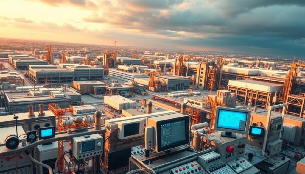 A sprawling industrial landscape, with sleek, modern factories and research facilities dotting the horizon. In the foreground, an array of technical equipment and instruments - sensors, meters, screens, and control panels - all meticulously arranged to showcase the latest advancements in specialized industrial technologies. Warm, diffused lighting bathes the scene, creating a sense of innovation and progress. The overall atmosphere is one of precision, efficiency, and a relentless pursuit of technological excellence, reflecting the cutting-edge standards that define these specialized industries.