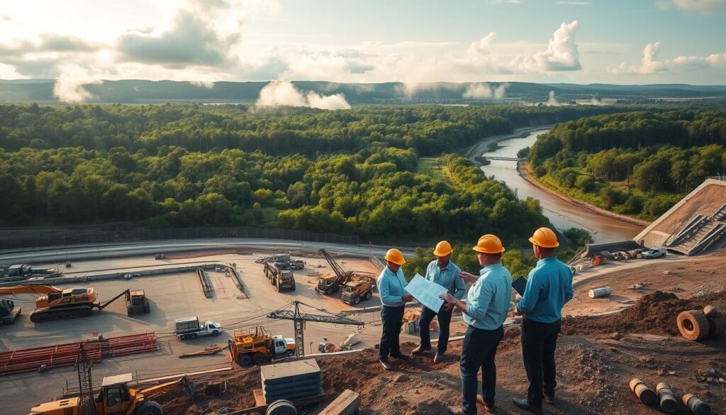 A sprawling infrastructure project site, with construction machinery and workers in the foreground. In the middle ground, a team of engineers and project managers scrutinize blueprints, discussing environmental impact assessments. In the background, a lush, green landscape with towering trees and a flowing river, symbolizing the delicate balance between progress and environmental preservation. Soft, golden lighting filters through wispy clouds, casting a warm, contemplative mood over the scene. Captured through a wide-angle lens to emphasize the scale and complexity of the undertaking, with a shallow depth of field to draw the viewer's eye to the central figures.