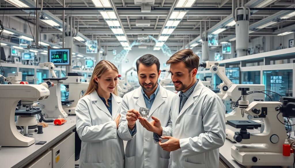 A sprawling laboratory filled with cutting-edge scientific equipment, from advanced 3D printers to gleaming microscopes. In the foreground, a team of researchers in white coats examine a novel material sample, their expressions rapt with excitement. In the middle ground, sleek robotic arms manipulate intricate components, hinting at the automated processes that underpin the latest breakthroughs. The background is a kaleidoscope of futuristic visualizations, holographic displays, and data visualizations, showcasing the wealth of information and computational power driving the next generation of material engineering. Soft, diffused lighting lends an air of precision and innovation to the scene, capturing the essence of emerging technologies shaping the future of material science.