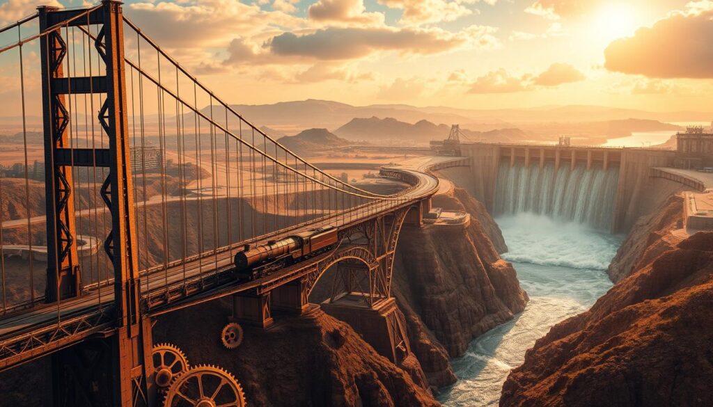 A sprawling landscape of engineering marvels, bathed in warm, golden light. In the foreground, a towering suspension bridge spanning a vast chasm, its elegant cables and metallic structure glistening. In the middle ground, a gleaming steam locomotive chugs along a winding track, belching plumes of smoke. In the background, a majestic dam rises, its massive concrete walls harnessing the power of a raging river. Beneath it all, a mosaic of gears, cogs, and mechanical parts, symbolizing the ingenuity and progress that has defined the history of engineering.