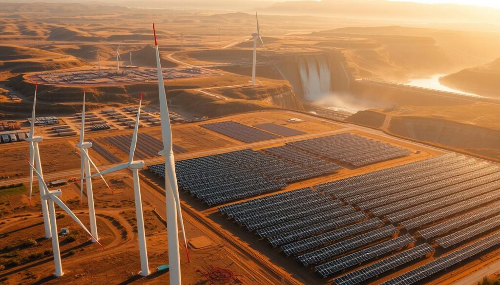 A sprawling landscape of renewable energy infrastructure, bathed in warm, golden sunlight. In the foreground, a cluster of sleek, modern wind turbines gracefully slice through the air, their blades casting mesmerizing shadows on the ground below. In the middle ground, a vast solar farm stretches out, its countless photovoltaic panels gleaming in the sun, harnessing the power of the day's rays. In the background, towering hydroelectric dams loom, their cascading waterfalls powering the turbines that generate clean, sustainable electricity. The scene exudes a sense of progress and harmony, reflecting the vital role of renewable energy in building a sustainable future.