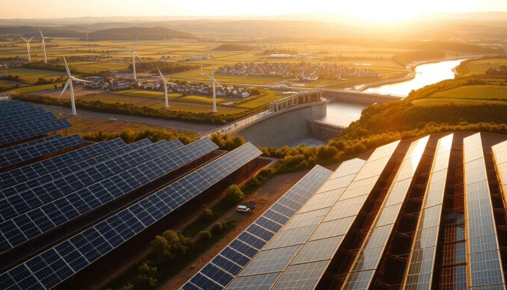 A sprawling landscape of renewable energy infrastructure, bathed in warm, golden sunlight. In the foreground, rows of sleek, modern solar panels capture the sun's rays, their glass surfaces gleaming. In the middle ground, towering wind turbines slowly rotate, their blades cutting gracefully through the air. Scattered throughout, hydroelectric dams harness the power of rushing rivers, their turbines churning beneath the surface. In the distance, a patchwork of lush green fields and rolling hills, dotted with small communities powered by this clean, sustainable energy. The scene conveys a sense of progress, innovation, and a future where renewable sources are the backbone of our energy grid.