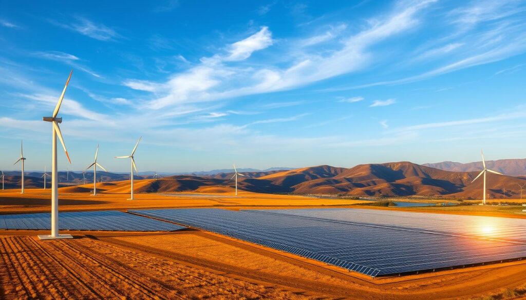 A sprawling landscape of renewable energy projects, the foreground dominated by towering wind turbines casting long shadows across the sun-drenched field. In the middle ground, a sleek, modern solar farm with rows of glistening photovoltaic panels, their surfaces reflecting the warm, golden light. Beyond, the rolling hills are dotted with the graceful forms of hydroelectric dams, their turbines spinning steadily to harness the power of rushing rivers. The sky is a vast, endless blue, with wisps of clouds drifting overhead, illuminating the scene with a sense of tranquility and harmony. The overall atmosphere conveys the challenges and complexities of transitioning to sustainable energy infrastructure, with a focus on the technical and aesthetic integration of these projects into the natural environment.
