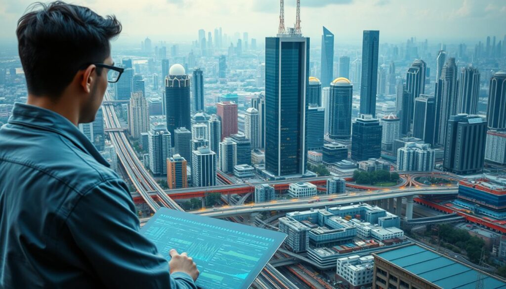 A sprawling metropolis, its infrastructure woven with a network of sensors and cameras. In the foreground, a technician monitors a sleek dashboard, analyzing real-time data from the city's power grids, transportation systems, and water treatment facilities. In the middle ground, AI-powered algorithms seamlessly integrate this information, anticipating maintenance needs and optimizing resource allocation. The background showcases towering skyscrapers, their facades adorned with solar panels and wind turbines, a testament to the city's commitment to sustainable technology. Soft, ambient lighting casts a warm glow, conveying a sense of efficiency, innovation, and progress.