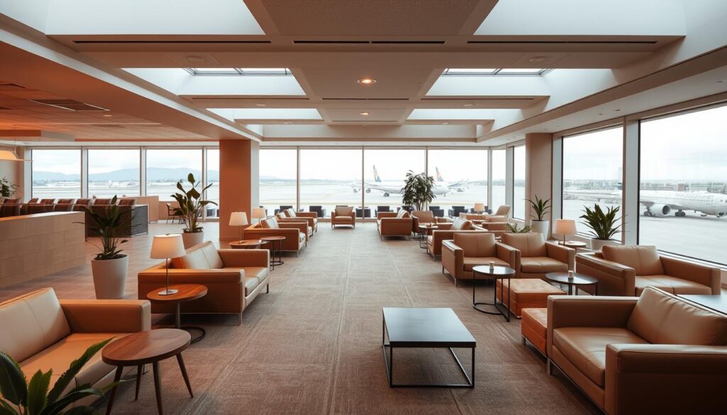A sprawling, modern airport lounge with plush seating arrangements, warm lighting, and serene ambiance. Soft leather couches and armchairs in neutral tones, accented by wooden side tables and lush potted plants. Large, panoramic windows offer sweeping views of the tarmac, with a calming, muted color palette reflecting the outdoor scenery. Ample space for passengers to unwind, read, or work, with discrete charging stations and cozy nooks for privacy. Diffused, natural lighting filters in through skylights, creating a tranquil atmosphere. Minimalist, Scandinavian-inspired design elements blend seamlessly to craft a soothing, sanctuary-like setting amid the bustle of the airport.