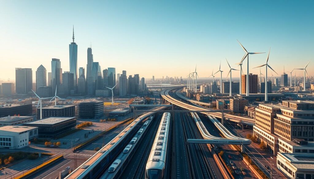 A sprawling, modern city skyline stands in the foreground, its towering skyscrapers and bustling streets bathed in warm, golden sunlight. In the middle ground, a network of sleek, efficient public transportation systems, including high-speed trains, electric buses, and bicycle lanes, weaves through the urban landscape. In the background, wind turbines and solar panels dot the horizon, generating renewable energy to power the city's infrastructure. The scene conveys a sense of harmony between technological advancement and environmental sustainability, showcasing the potential for energy-efficient infrastructure to shape a greener, more livable future.