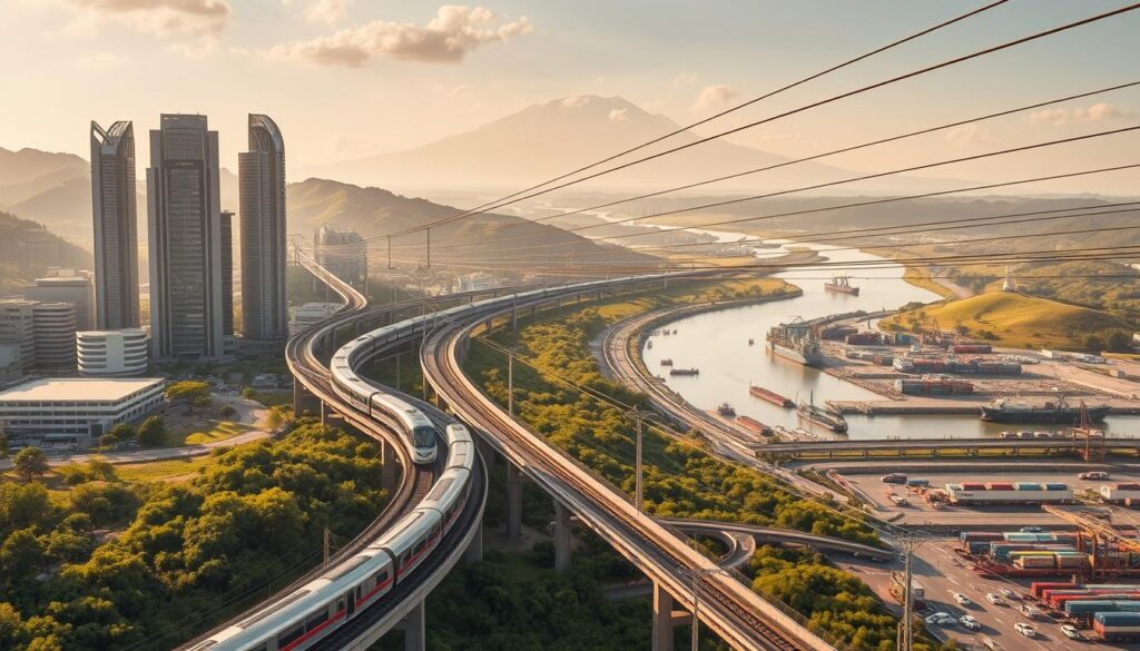A sprawling, modern transportation hub nestled in the Kenyan countryside. Towering skyscrapers and gleaming infrastructure seamlessly blend with lush, rolling hills and winding rivers. In the foreground, a high-speed rail line cuts through the landscape, its sleek, silvery coaches gliding effortlessly. Overhead, a network of suspended monorail tracks crisscross the scene, connecting various nodal points. The middle ground showcases a bustling port facility, with cargo ships and container cranes in dynamic motion. In the distance, the majestic peaks of Mount Kenya loom, shrouded in a soft, atmospheric haze. The entire scene is bathed in warm, golden light, conveying a sense of progress, efficiency, and environmental harmony.