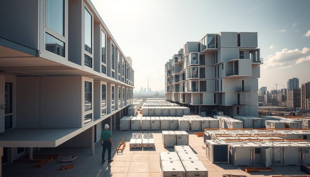 A sprawling modular complex, its sleek prefab units seamlessly interlocked, creating a cost-effective, flexible and visually striking architectural solution. Sunlight streams through large windows, illuminating the clean lines and neutral tones. In the foreground, a worker inspects the modular panels, showcasing the thoughtful, modular design. The middle ground features an array of prefab modules in various stages of assembly, conveying the efficiency and scalability of this construction method. The background reveals a cityscape, hinting at the urban applications of this modular approach, overcoming the challenges of traditional building techniques.