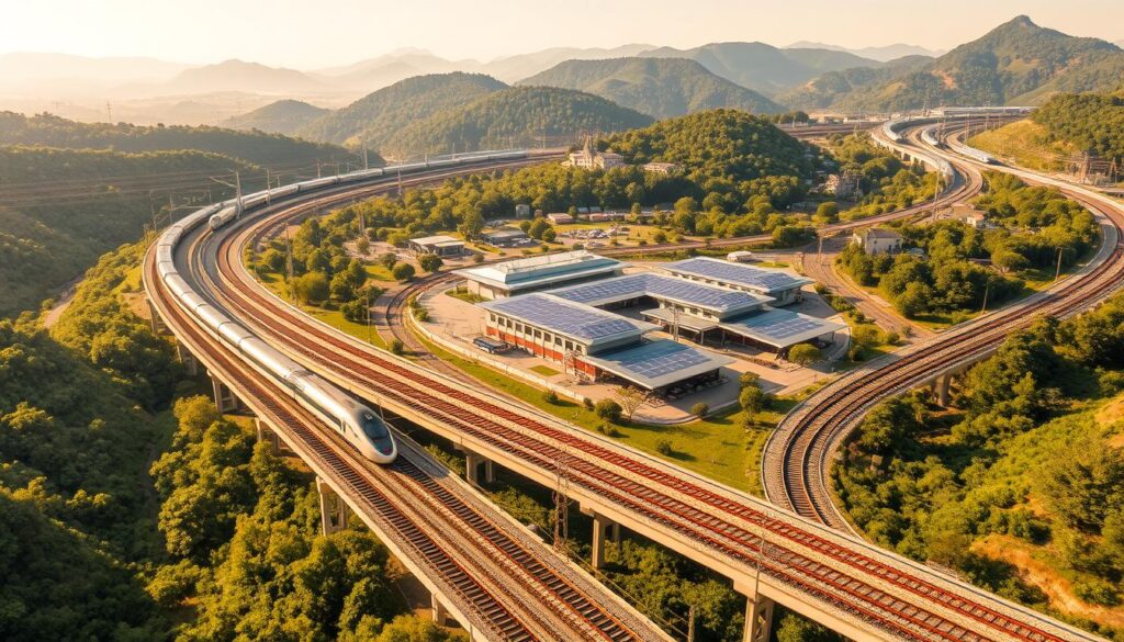 A sprawling network of sleek, modern rail lines weaving through a lush, verdant landscape. In the foreground, high-speed trains glide effortlessly on elevated tracks, their smooth, aerodynamic profiles cutting through the air with precision. The middle ground features solar-powered stations and substations, their roofs covered in photovoltaic panels that harness the sun's energy to power the entire system. In the background, rolling hills and dense forests create a serene, natural backdrop, emphasizing the harmony between the engineered infrastructure and the surrounding environment. Warm, diffused lighting illuminates the scene, casting a soft, inviting glow and highlighting the sustainable, eco-friendly design.