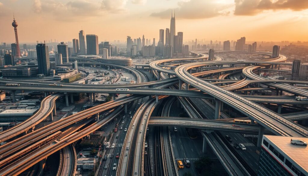 A sprawling network of transportation infrastructure, seamlessly interconnected. In the foreground, a bustling hub of activity - trains, buses, and taxis weaving through the bustling city streets. Overhead, a complex web of elevated railways and flyovers, casting intricate shadows on the vibrant urban landscape. In the middle ground, a network of highways and arterial roads, facilitating the efficient movement of vehicles and goods. The background is dominated by towering skyscrapers and modern architecture, reflecting the technological advancements that power this integrated system. Dramatic lighting casts a warm, golden hue, conveying a sense of progress and dynamism. The entire scene is captured from a high vantage point, highlighting the scale and complexity of this integrated transportation network.