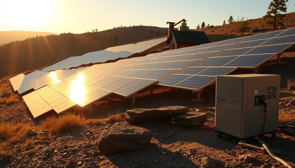A sprawling off-grid solar array, meticulously arranged on a rugged, sun-drenched hillside. Solar panels glint in the warm, golden light, casting long shadows across the terrain. In the foreground, a bank of deep-cycle batteries stand ready to store the harvested energy. Nearby, a sleek, modern inverter converts the DC power to AC, ready to power the remote cabin nestled amongst the trees. The scene conveys a sense of self-reliance, sustainability, and a harmony with the natural environment.