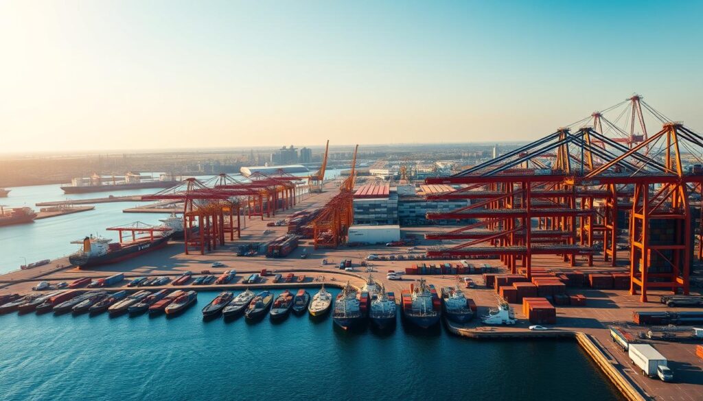 A sprawling port landscape bathed in warm, golden sunlight. In the foreground, a vast container terminal with towering gantry cranes delicately lifting and stacking multicolored shipping containers. In the middle ground, a fleet of cargo ships and tankers moored at the bustling quayside, their masts and funnels silhouetted against a clear blue sky. In the background, a complex of warehouses, logistics centers, and administrative buildings, all seamlessly integrated to form an efficient, high-tech maritime hub. The scene radiates a sense of precision, productivity, and strategic planning, capturing the essence of design principles in modern port engineering.