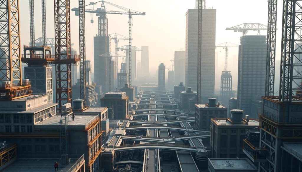 A sprawling regulatory landscape, composed of towering structures made of intricate construction materials. In the foreground, a mix of glass, steel, and concrete forms the foundation, symbolizing the complex framework of industry guidelines and standards. The middle ground features a network of interconnected pathways, representing the intricate web of policies and regulations. Casting an ominous yet authoritative presence, the background is dominated by looming monoliths of bureaucratic edifices, their surfaces adorned with a subtle texture of legislative jargon. Diffused lighting filters through the scene, casting shadows that hint at the nuanced challenges of navigating this formidable environment. A sense of measured progress and cautious innovation permeates the image, reflecting the delicate balance between progress and compliance.