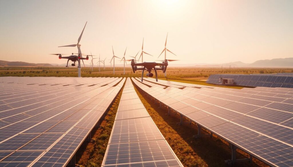 A sprawling solar farm, its rows of gleaming photovoltaic panels capturing the sun's radiant energy. In the foreground, advanced solar tracking systems dynamically tilt and orient the panels, maximizing energy yield. Towering wind turbines stand tall in the middle ground, their graceful blades spinning in the gentle breeze. Overhead, sleek drones equipped with thermal imaging cameras survey the farm, monitoring performance and identifying potential issues. In the distance, a state-of-the-art energy storage facility houses cutting-edge battery banks, ready to store surplus electricity for later use. The scene is bathed in a warm, golden glow, reflecting the promise of a sustainable, renewable energy future.