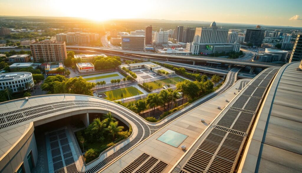 A sprawling urban landscape, bathed in the warm glow of the afternoon sun. In the foreground, a meticulously engineered storm drainage system, its intricate network of channels and grates efficiently channeling rainwater away from the streets. Smooth concrete surfaces and strategically placed catch basins seamlessly integrate with the built environment, showcasing the harmonious marriage of form and function. The middle ground reveals lush green spaces and modern architecture, complementing the technical excellence of the drainage system. In the distance, towering skyscrapers and bustling roadways speak to the system's ability to handle the demands of a thriving metropolis. The scene exudes a sense of order, resilience, and a deep commitment to urban infrastructure that safeguards the community from the harsh realities of severe weather.