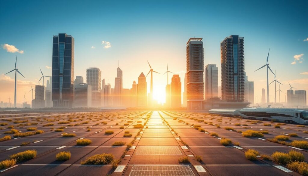 A sprawling urban landscape bathed in warm, golden sunlight. In the foreground, a network of sleek, eco-friendly pavement stretches out, its surface dotted with embedded solar panels and permeable materials that facilitate rainwater drainage. In the middle ground, towering skyscrapers with green roofs and vertical gardens rise up, while in the background, wind turbines and solar farms dot the horizon, harnessing renewable energy to power the city. The scene conveys a vision of a sustainable, technologically advanced future where pavement engineering harmonizes with the natural environment, reducing the carbon footprint and enhancing infrastructure durability.