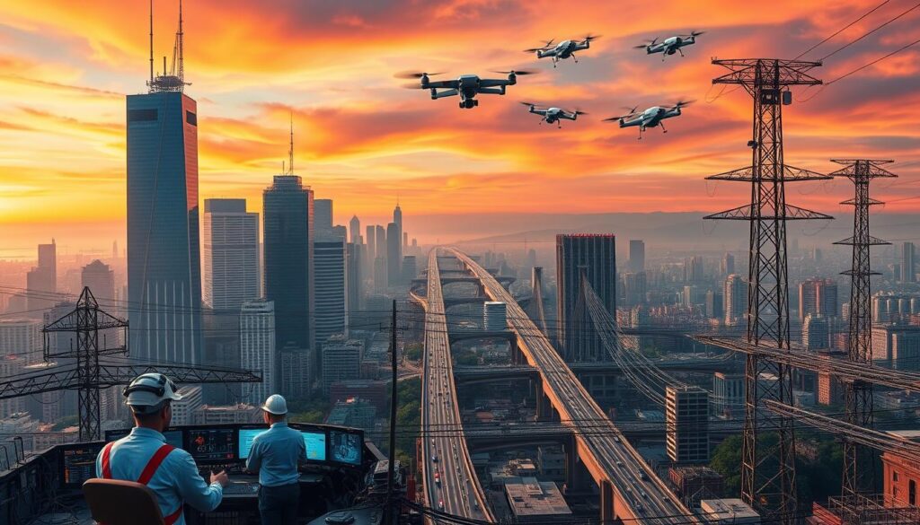 A sprawling urban landscape, criss-crossed with power lines and infrastructure, set against a vibrant, sunset-painted sky. In the foreground, a team of engineers and technicians meticulously inspect the city's monitoring and maintenance systems - sensors, gauges, and control panels blinking with real-time data. The mid-ground features towering skyscrapers and bridges, their structures reinforced with advanced materials and equipped with state-of-the-art structural health monitoring devices. In the background, a network of drones and satellites capture aerial footage, relaying information to a central command center where analysts pore over dashboard displays, forecasting maintenance needs and disaster preparedness scenarios. The scene conveys a sense of diligence, innovation, and the unwavering commitment to ensuring the resilience of the built environment.