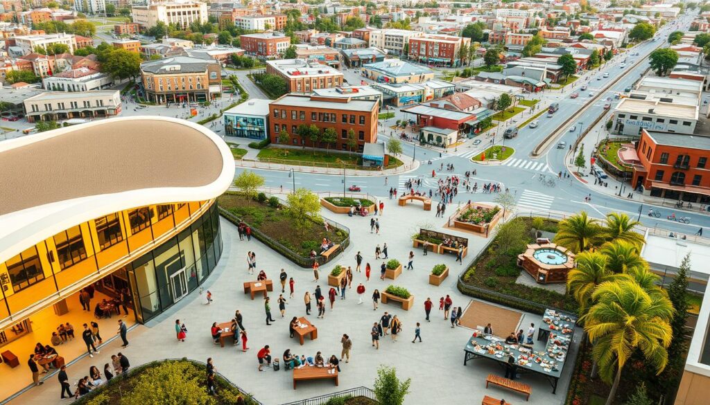 A sprawling urban landscape with a vibrant social infrastructure design at its heart. In the foreground, a modern community center with sleek, curved architecture and large windows that welcome natural light. People of all ages gather inside, engaged in various activities - a creative workshop, a cozy reading nook, and a lively community gathering. The middle ground features a bustling plaza, with benches, landscaping, and public art installations that invite interaction and collaboration. In the background, a network of pedestrian-friendly streets, bike lanes, and public transportation hubs connect the community to the broader urban fabric. The scene is bathed in a warm, golden hue, conveying a sense of inclusivity, accessibility, and civic pride.