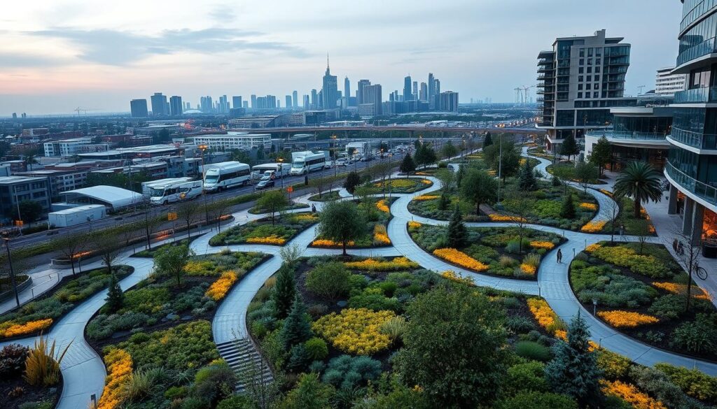 A sprawling urban landscape with modern buildings and infrastructure, illuminated by soft, natural lighting. In the foreground, a series of interconnected swales, rain gardens, and permeable paving systems, designed to capture, slow, and filter stormwater runoff. Diverse native plants and trees thrive in these integrated drainage systems, enhancing the area's biodiversity and aesthetic appeal. In the middle ground, pedestrian walkways and bike lanes wind through the green infrastructure, demonstrating how sustainable drainage can be seamlessly incorporated into the built environment. The background features a skyline of skyscrapers and office towers, highlighting the importance of these nature-based solutions in urban planning and development.