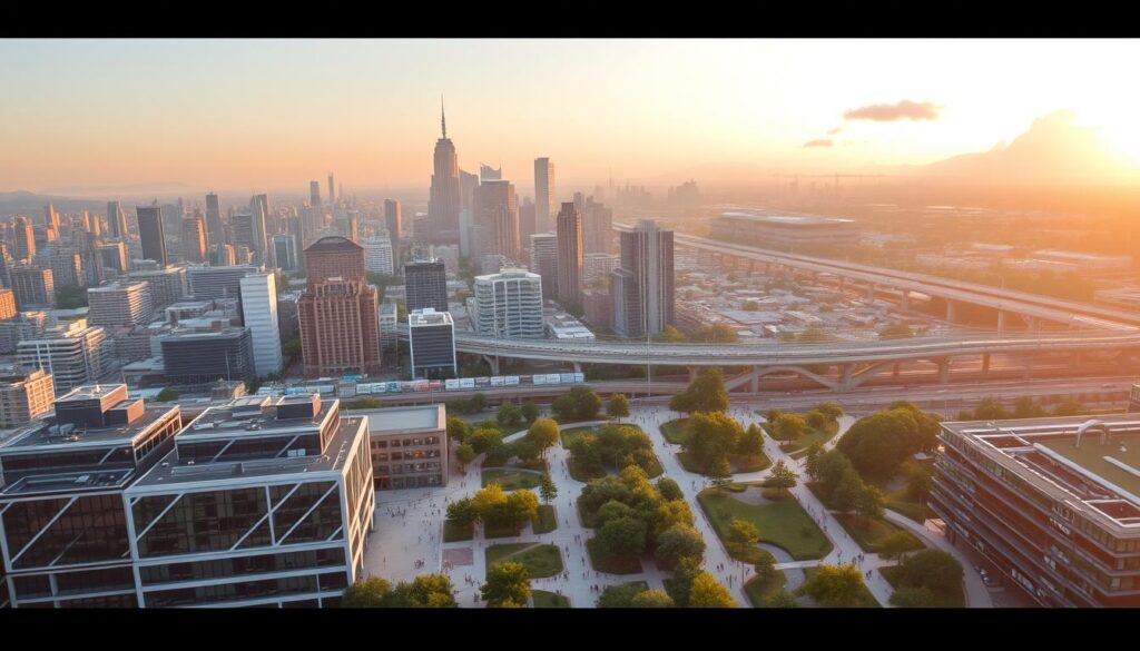 A sprawling urban skyline at dusk, illuminated by warm, golden sunlight filtering through hazy clouds. In the foreground, a cluster of modern, high-rise buildings with sleek glass facades, their windows reflecting the vibrant city life below. In the middle ground, lush greenery and revitalized public spaces, with people strolling along well-designed pathways and gathering in bustling plazas. In the background, a network of elevated rail lines, bridges, and transportation hubs, seamlessly integrating the old and the new. The scene conveys a sense of progress, sustainability, and a thriving, livable urban environment.