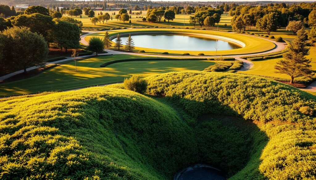 A sprawling, verdant landscape with a captivating stormwater management system. In the foreground, a gently sloping detention basin filled with lush, vibrant vegetation, its undulating terrain designed to capture and slow the flow of excess rainwater. In the middle ground, a well-designed retention pond reflects the sky above, its calm surface interrupted by the occasional ripple. Surrounding this, a meticulously landscaped environment with mature trees, strategically placed shrubs, and a network of permeable pathways, all working in harmony to manage stormwater effectively. The scene is bathed in warm, golden sunlight, casting long shadows and creating a sense of tranquility and environmental harmony. The overall composition evokes a thoughtfully engineered, yet visually appealing stormwater management solution.
