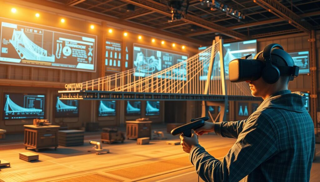 A sprawling virtual construction site, where a detailed 3D model of a suspension bridge hovers in midair. Sleek virtual reality headsets and motion-tracking controllers are in the foreground, allowing engineers to manipulate and inspect the digital bridge from every angle. In the background, holographic displays showcase real-time data and simulations, guiding the design process. Warm lighting casts a futuristic glow, as the scene conveys the seamless integration of cutting-edge VR technology and the art of modern bridge engineering.
