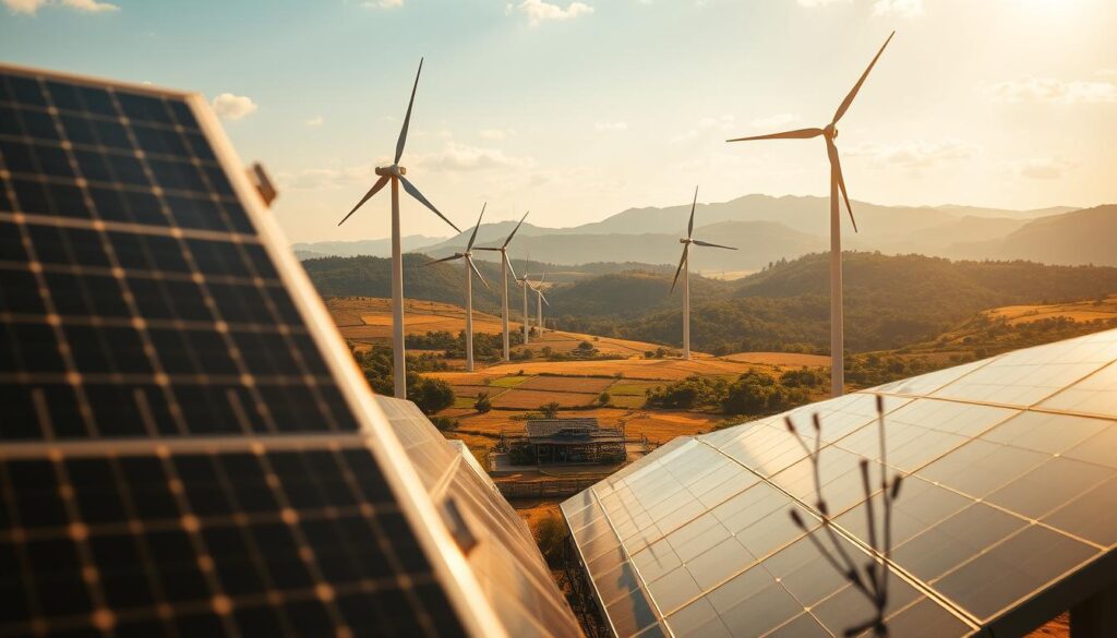 A sprawling vista of renewable energy solutions, bathed in warm, golden sunlight. In the foreground, sleek solar panels stand tall, their glossy surfaces reflecting the sky. Towering wind turbines spin gracefully, their blades cutting through the air with precision. In the middle ground, a small off-grid community thrives, with eco-friendly homes and a central hub of clean energy storage and distribution. The background is dotted with lush, verdant landscapes, hinting at the harmony between technology and nature. The scene evokes a sense of hope and possibility, showcasing the innovative engineering solutions that can empower NGOs to drive sustainable change.