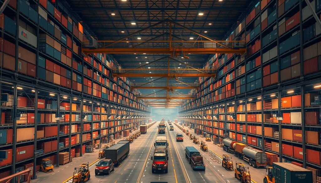 A sprawling warehouse, its towering shelves filled with meticulously stacked cargo containers. Conveyor belts and forklifts dance in a synchronized ballet, efficiently moving goods from one end to the other. Overhead, a network of cranes and gantries gracefully transfer containers between modes of transport - trucks, trains, and ships. Warm, diffused lighting casts a soft glow, illuminating the intricate systems that optimize freight flows. In the distance, a fleet of autonomous vehicles navigates the precision-engineered layout, guided by complex algorithms that minimize costs and maximize throughput. This is the future of freight transport engineering, where every step is meticulously planned to streamline supply chains.