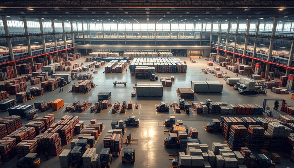 A sprawling, well-organized logistics facility with an efficient layout. A bustling warehouse in the foreground, with rows of shelves, forklifts, and workers moving cargo. In the middle ground, a central shipping and receiving area with multiple loading docks. Flood lighting illuminates the scene, casting long shadows and creating a sense of productivity and activity. In the background, an office complex with large windows overlooking the facility, reflecting the company's commitment to streamlined operations. The overall atmosphere conveys a harmonious blend of order, technology, and human productivity.