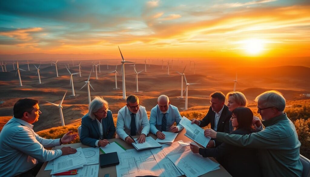 A sprawling wind farm nestled against a panoramic backdrop of rolling hills and a vibrant sunset sky. In the foreground, a group of government officials and industry experts gesticulate animatedly, poring over documents and blueprints spread out on a table. The scene is illuminated by warm, directional lighting, casting long shadows and highlighting the collaborative, serious atmosphere. The camera angle is slightly elevated, providing a comprehensive view of the regulatory approval process in action. The overall mood conveys the critical importance of navigating the complex web of policies and permits required to bring this renewable energy project to fruition.