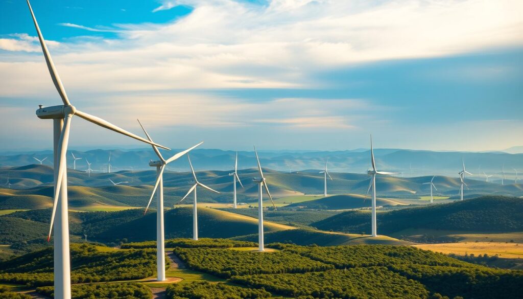 A sprawling wind farm nestled amid rolling hills, where turbines stand tall against a backdrop of azure skies. The foreground features a cluster of sleek, modern turbines, their blades gracefully sweeping through the air, harnessing the power of the wind. In the middle ground, the landscape is dotted with more turbines, their shadows casting intricate patterns on the lush, verdant ground below. The background features a panoramic view of the surrounding hills, with their gentle slopes and verdant foliage, creating a harmonious blend of nature and sustainable energy. The scene is bathed in warm, golden light, conveying a sense of tranquility and environmental stewardship.