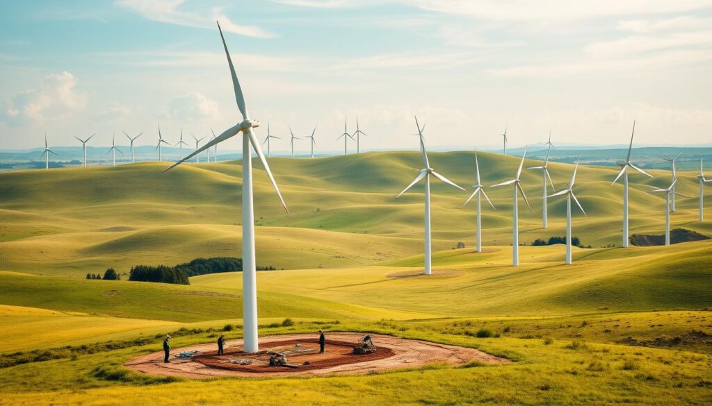 A sprawling wind farm nestled amidst a rolling green landscape, with sleek, modern wind turbines gracefully reaching towards the sky. The foreground features a team of engineers and construction workers meticulously laying out the foundation for a new turbine, employing eco-friendly practices like minimal soil disturbance and use of renewable materials. In the middle ground, other turbines stand tall, their blades gently turning in the breeze, harnessing the power of the wind. The background showcases the careful, uniform spacing between the turbines, ensuring optimal energy generation and minimizing environmental impact. Warm, natural lighting filters through wispy clouds, casting a serene, sustainable atmosphere over the entire scene.