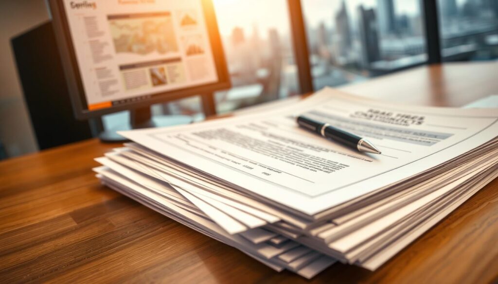 A stack of official-looking road construction permits lying on a wooden desk, illuminated by warm overhead lighting. The documents are neatly organized, with a pen resting on top, conveying a sense of meticulous process and legal compliance. In the background, blurred out, a computer monitor displays relevant regulations and guidelines, while a city skyline is visible through a window, hinting at the broader context of urban infrastructure development. The overall atmosphere is one of professionalism, attention to detail, and the necessary bureaucratic steps required before any construction can begin.