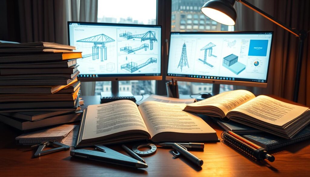 A stack of open civil engineering textbooks, notebooks, and digital devices on a wooden desk. In the foreground, drafting tools like protractors, compasses, and architectural scales are neatly arranged. The middle ground features detailed technical diagrams and 3D models on computer screens, conveying the analytical and design-driven nature of civil engineering study materials. The background shows a window overlooking a bustling cityscape, hinting at the real-world applications of the subject matter. Warm, diffused lighting from a desk lamp creates a focused, contemplative atmosphere.
