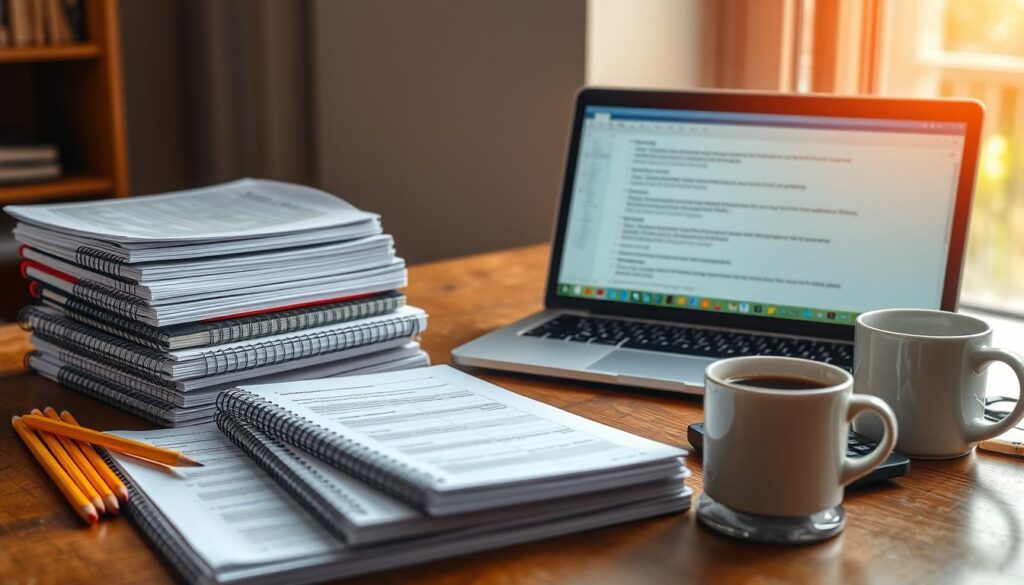 A stack of spiral-bound exam preparation books sits on a wooden desk, illuminated by warm, natural light filtering through a window. Carefully arranged alongside are freshly sharpened pencils, a calculator, and a cup of coffee - the essential tools for diligent PE exam practice. The desktop is partially obscured by a laptop displaying sample practice questions, its screen reflecting the focused gaze of the student preparing for the upcoming civil engineering professional examination. The scene evokes a sense of determination, discipline, and the pursuit of professional excellence.