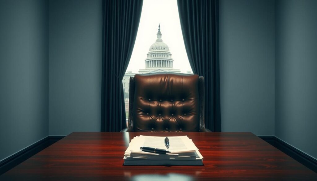 A stark office interior with a large wooden desk and leather chair, backlit by a window revealing a towering government building in the distance. On the desk, a stack of papers and a pen, symbolizing the bureaucratic processes of government regulations. The lighting is cool and clinical, creating a sense of formality and authority. The overall composition conveys the weight and complexity of navigating the intricacies of government policy.