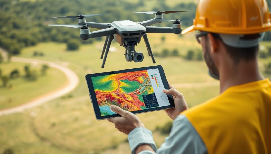 A state-of-the-art 3D aerial surveying drone hovers over a vast, lush landscape, its high-resolution cameras and LiDAR sensors capturing intricate topographical data. In the foreground, an engineer in a hard hat examines a tablet displaying a colorful, data-rich 3D map, augmented by AI-powered analytics that identify critical infrastructure, terrain irregularities, and potential construction challenges. In the background, a futuristic control station oversees the automated surveying operation, its sleek, minimalist design complementing the advanced technology at work. The scene conveys the seamless integration of cutting-edge AI and robotics with traditional civil engineering, revolutionizing the way land is surveyed and mapped for optimal infrastructure development.