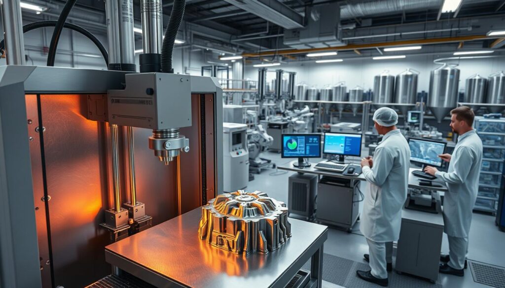 A state-of-the-art additive manufacturing facility in a modern metallurgy lab. In the foreground, a 3D metal printer meticulously constructs a complex metallic component layer by layer, bathed in a warm glow of focused energy beams. In the middle ground, technicians in clean room attire monitor the printing process on holographic displays, analyzing data and fine-tuning parameters. The background reveals a panoramic view of the lab, filled with advanced analytical equipment, robotic manipulators, and an array of metal powder silos - a testament to the cutting-edge nature of this emerging technology in the field of metallurgy.