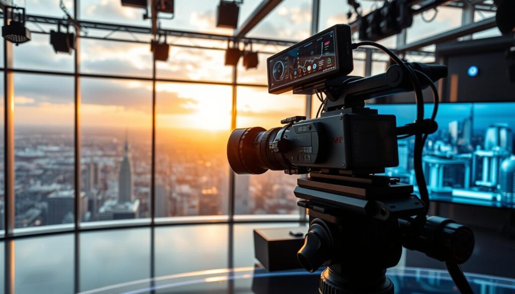 A state-of-the-art broadcast studio with cutting-edge technology. In the foreground, a sleek, futuristic camera on a robotic arm swivels and pivots, capturing pristine, high-definition footage. In the middle ground, a wall of seamless LED screens displays real-time data visualizations and immersive virtual environments. The background is a panoramic window overlooking a sprawling cityscape, bathed in warm, golden light from the setting sun. The overall atmosphere conveys a sense of innovation, dynamism, and the future of media.