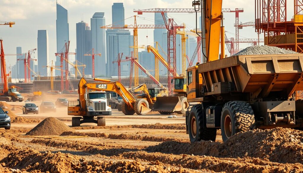 A state-of-the-art construction site filled with heavy machinery, bathed in warm, golden sunlight. In the foreground, a towering excavator meticulously digs into the earth, its hydraulic arm extending with precision. Nearby, a massive dump truck hauls a load of gravel, its tires leaving deep impressions in the well-packed soil. In the middle ground, a fleet of specialized vehicles - cranes, bulldozers, and loaders - work in harmonious coordination, efficiently moving materials and shaping the landscape. The background is dotted with skyscrapers and cranes, a testament to the scale and complexity of the ongoing construction project. The scene exudes a sense of progress, power, and technological sophistication, capturing the essence of heavy equipment integration in modern civil engineering.