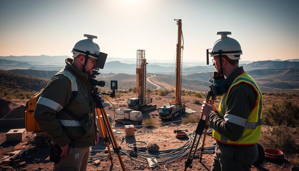 A state-of-the-art geotechnical investigation site, bathed in warm, natural lighting. In the foreground, a team of engineers scrutinize advanced ground-penetrating radar and seismic imaging tools, carefully analyzing the subsurface data. In the middle ground, robotic drilling rigs bore into the earth, collecting soil and rock samples. In the background, a panoramic vista of rolling hills and lush vegetation, hinting at the vast, untamed landscapes that these technologies are navigating. The scene conveys a sense of precision, innovation, and humanity's ongoing quest to uncover the secrets of the earth beneath our feet.