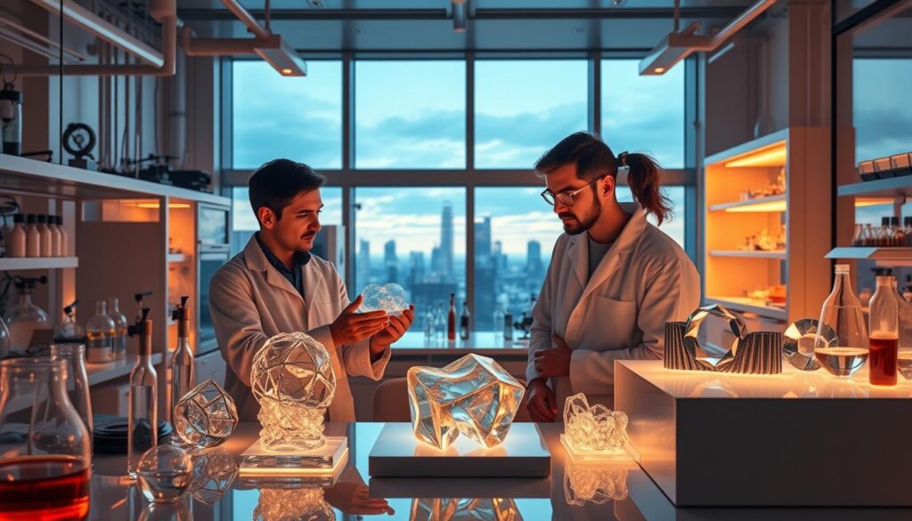 A state-of-the-art glass engineering lab, bathed in warm lighting and filled with intricate glass structures, glimmering test tubes, and advanced analytical equipment. In the foreground, a team of researchers in lab coats carefully examines a delicate glass prototype, discussing its unique properties and potential applications. In the middle ground, 3D-printed glass models and CAD renderings are displayed on sleek, backlit workstations, showcasing the latest innovations in glass design and manufacturing. The background features a vast panoramic window, offering a breathtaking view of a modern city skyline, symbolizing the integration of glass engineering solutions into the built environment.